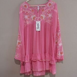 Monoreno Pink Embroidered Tiered Boho Dress